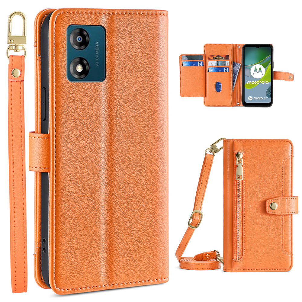 Card Slots Phone Stand Case for Motorola Moto E13 4G Zipper Pocket Leather Phone Cover with Straps