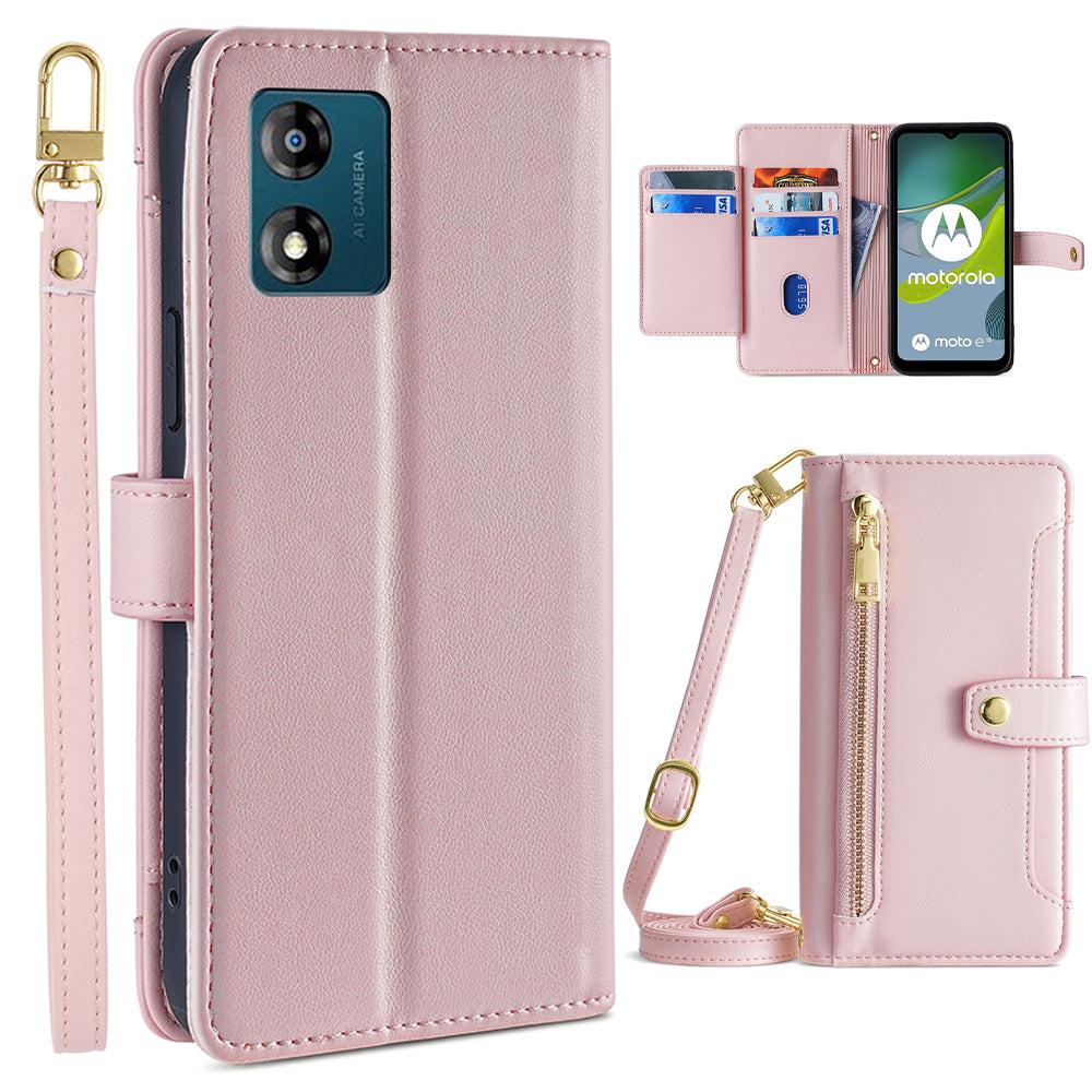 Card Slots Phone Stand Case for Motorola Moto E13 4G Zipper Pocket Leather Phone Cover with Straps