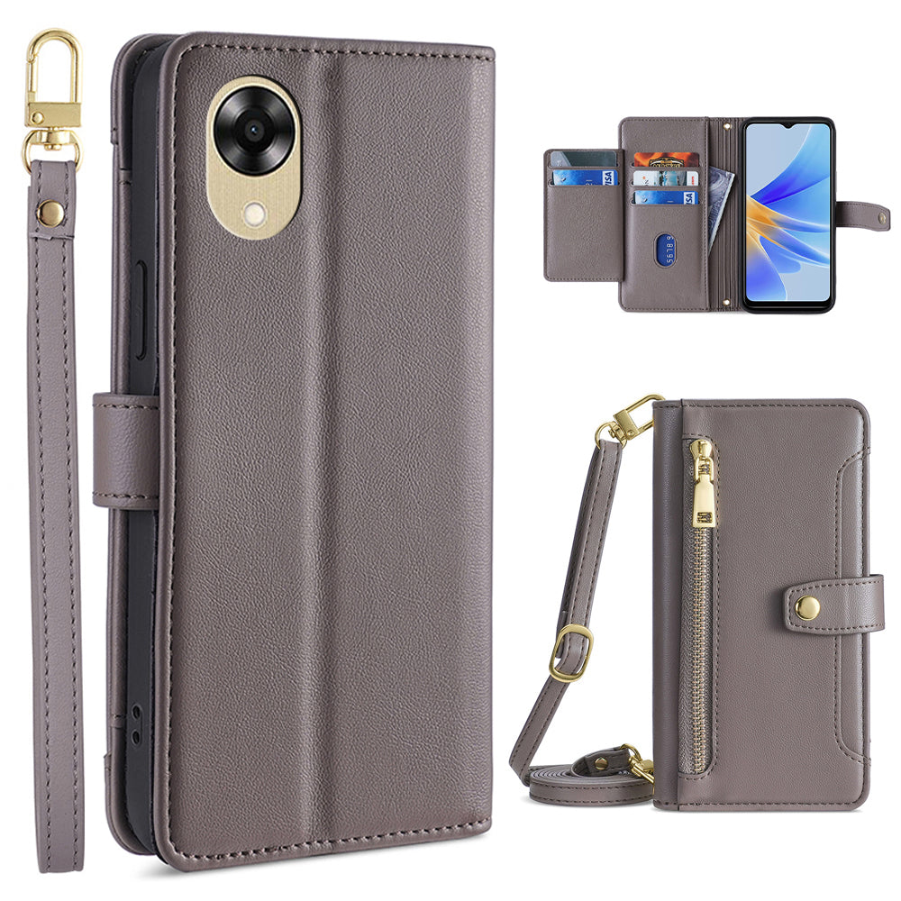 Zipper Pocket Phone Case for Oppo A17k 4G PU Leather Card Slots Phone Stand Cover with Straps