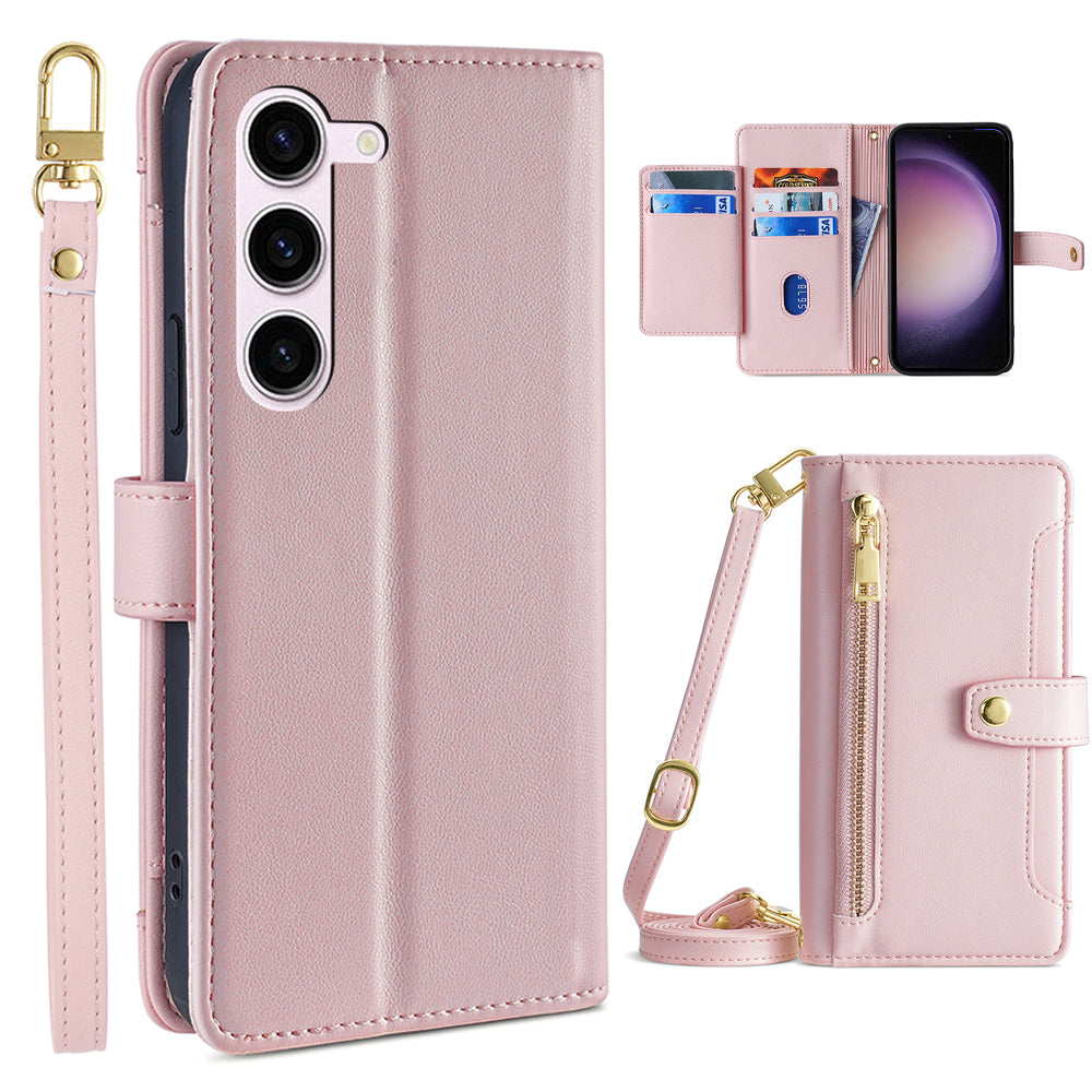 Stand Phone Leather Case for Samsung Galaxy S23 Zipper Pocket Card Slots Phone Cover with Straps