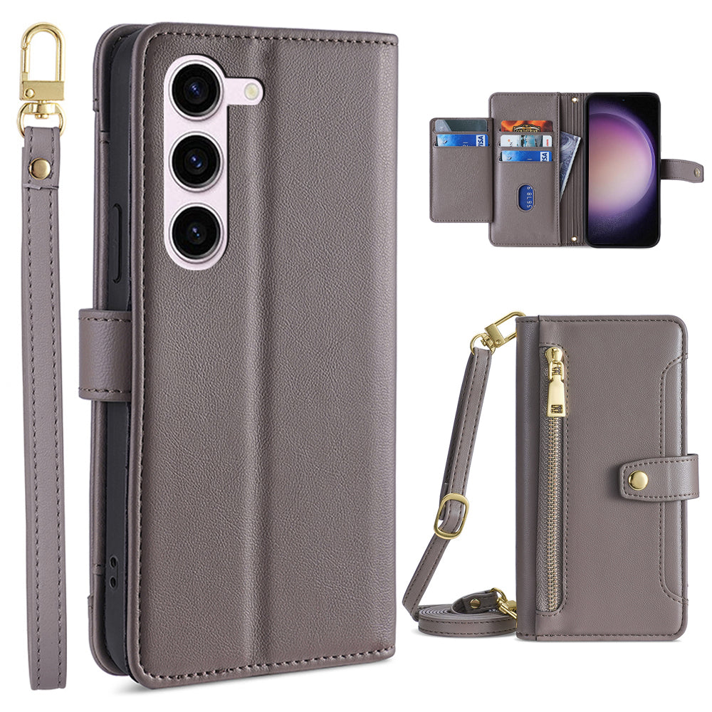 Stand Phone Leather Case for Samsung Galaxy S23 Zipper Pocket Card Slots Phone Cover with Straps
