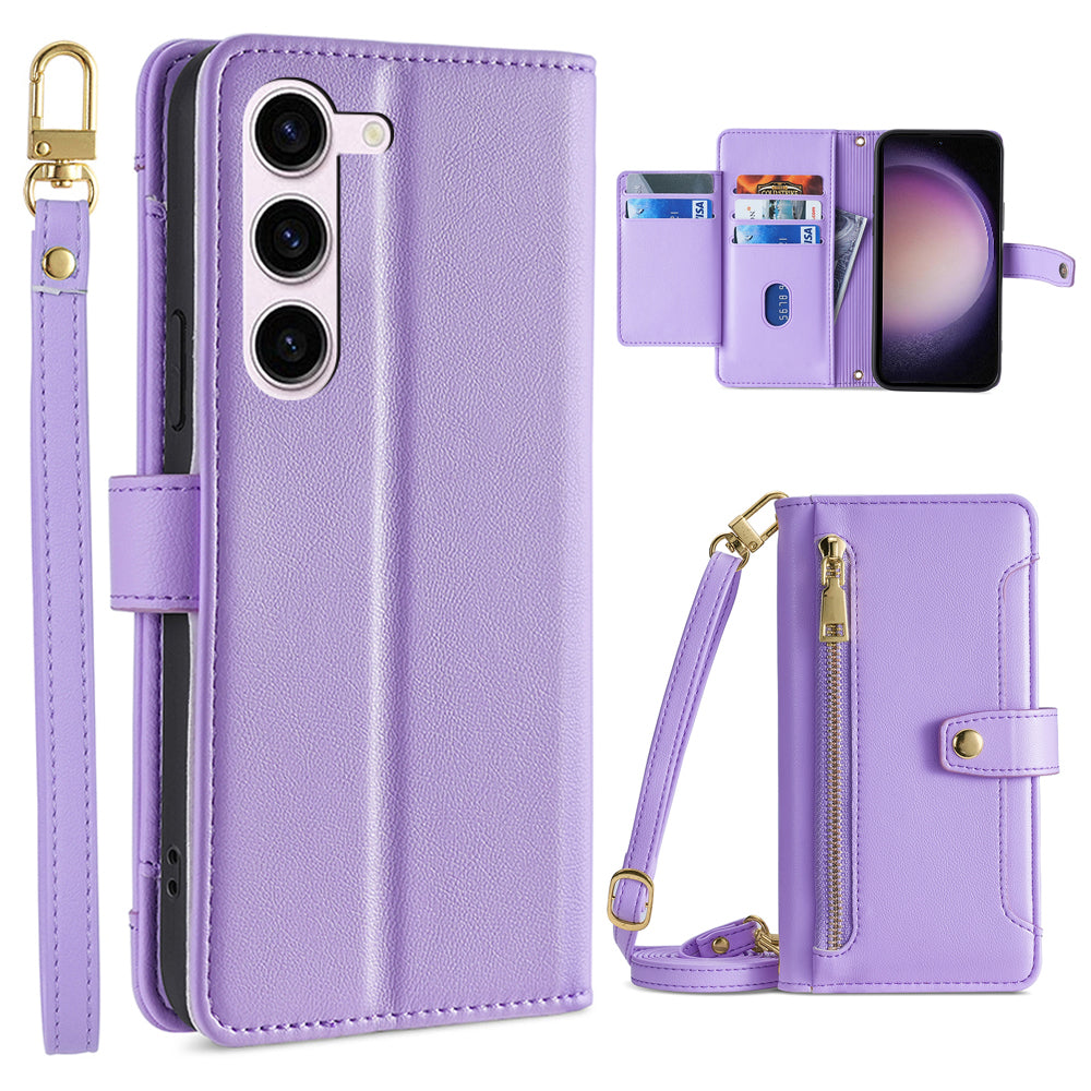 Stand Phone Leather Case for Samsung Galaxy S23 Zipper Pocket Card Slots Phone Cover with Straps