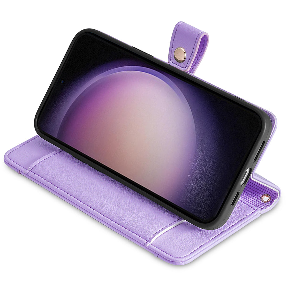 Stand Phone Leather Case for Samsung Galaxy S23 Zipper Pocket Card Slots Phone Cover with Straps