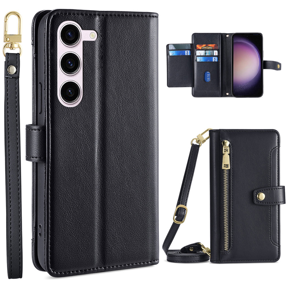 Stand Phone Leather Case for Samsung Galaxy S23 Zipper Pocket Card Slots Phone Cover with Straps