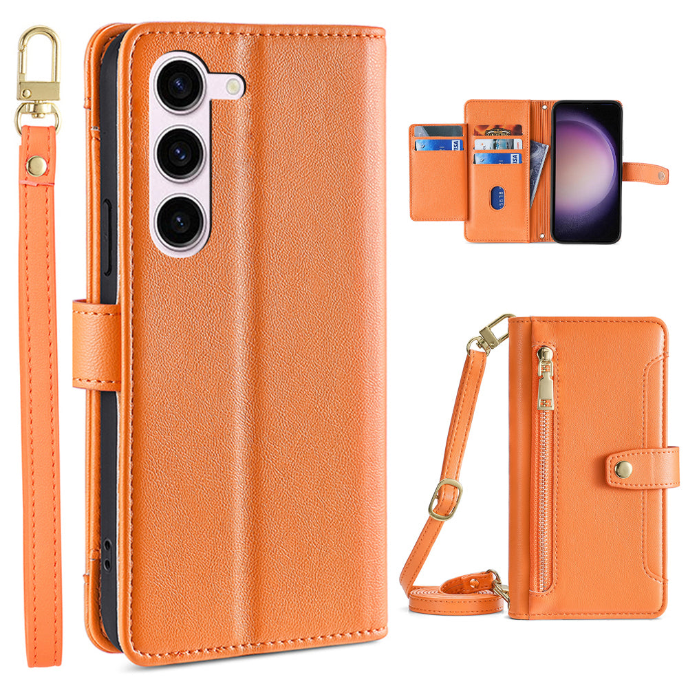 Stand Phone Leather Case for Samsung Galaxy S23 Zipper Pocket Card Slots Phone Cover with Straps