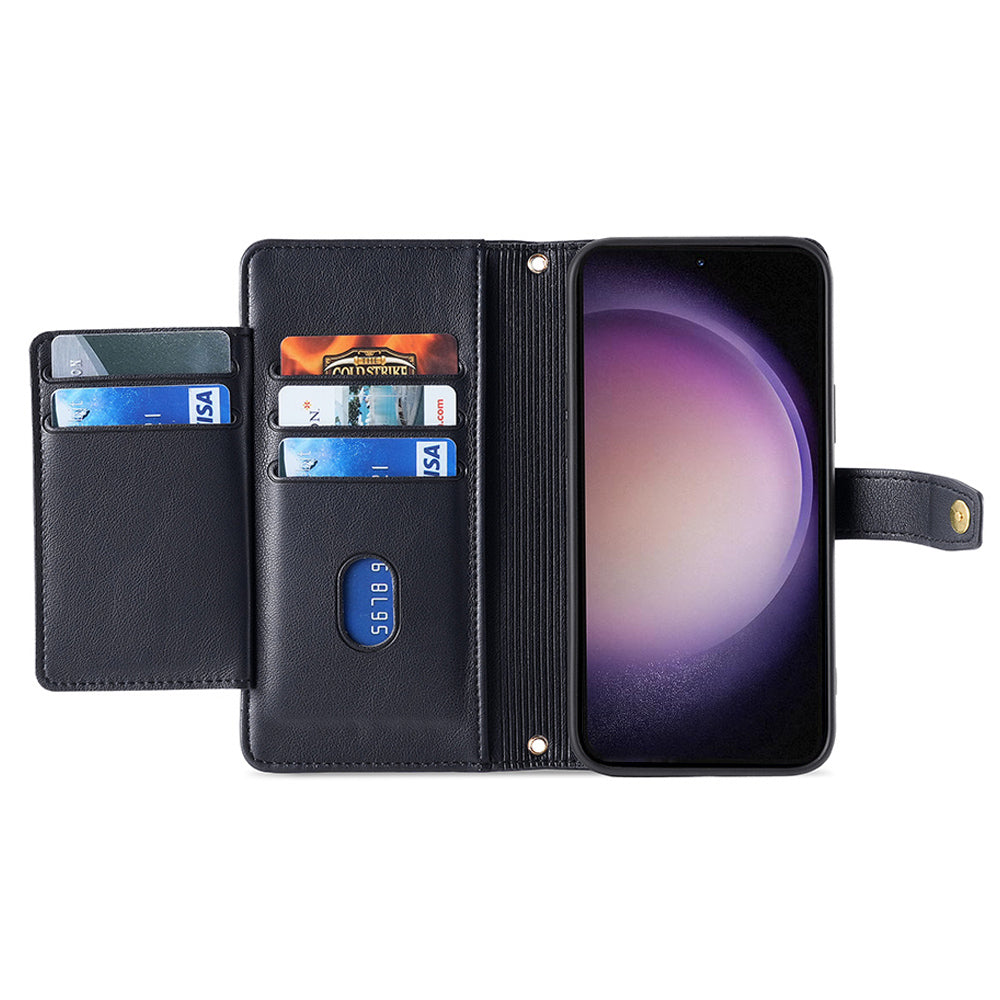 Zipper Pocket Phone Case for Samsung Galaxy S23 Card Slots Stand PU Leather Phone Cover with Straps