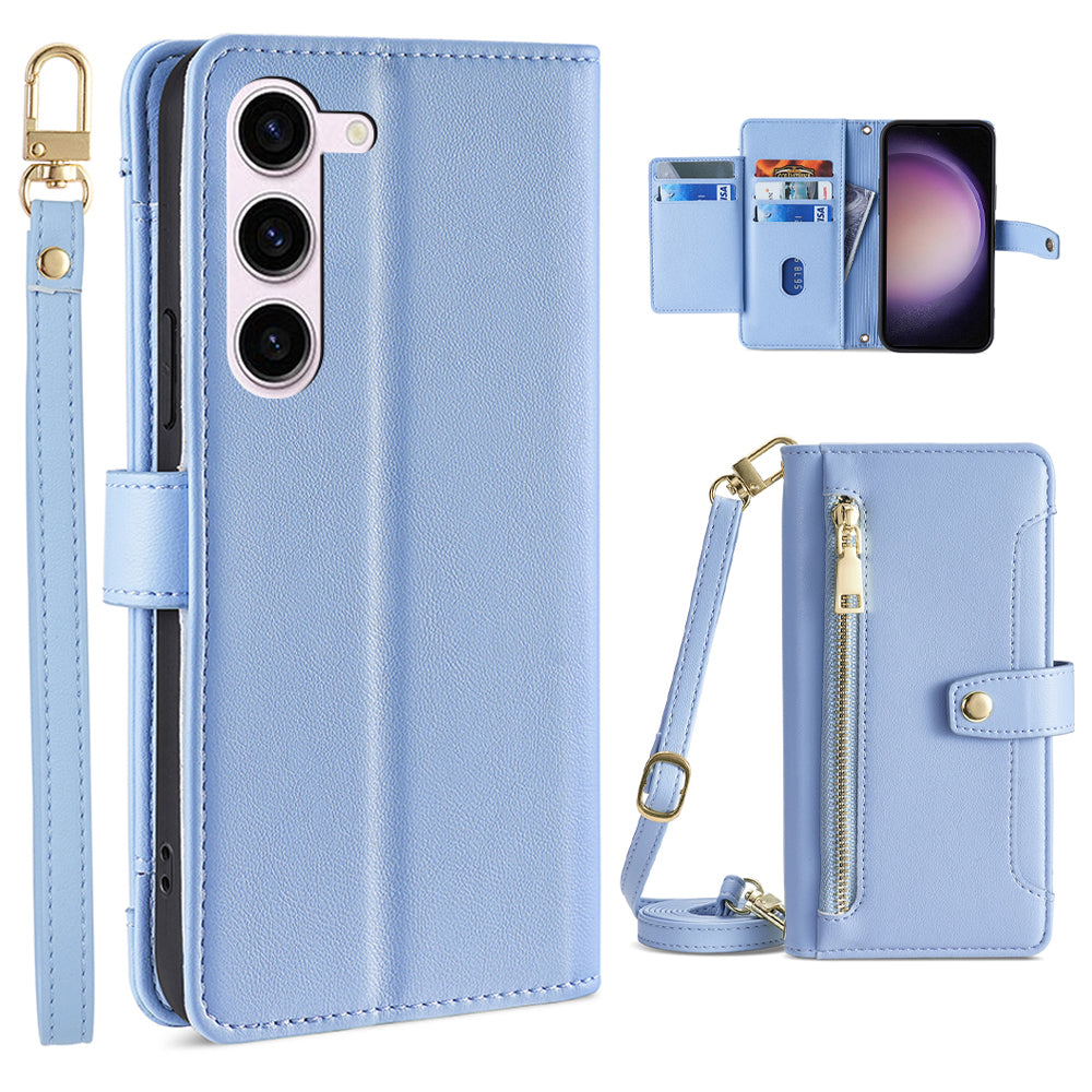 Zipper Pocket Phone Case for Samsung Galaxy S23 Card Slots Stand PU Leather Phone Cover with Straps