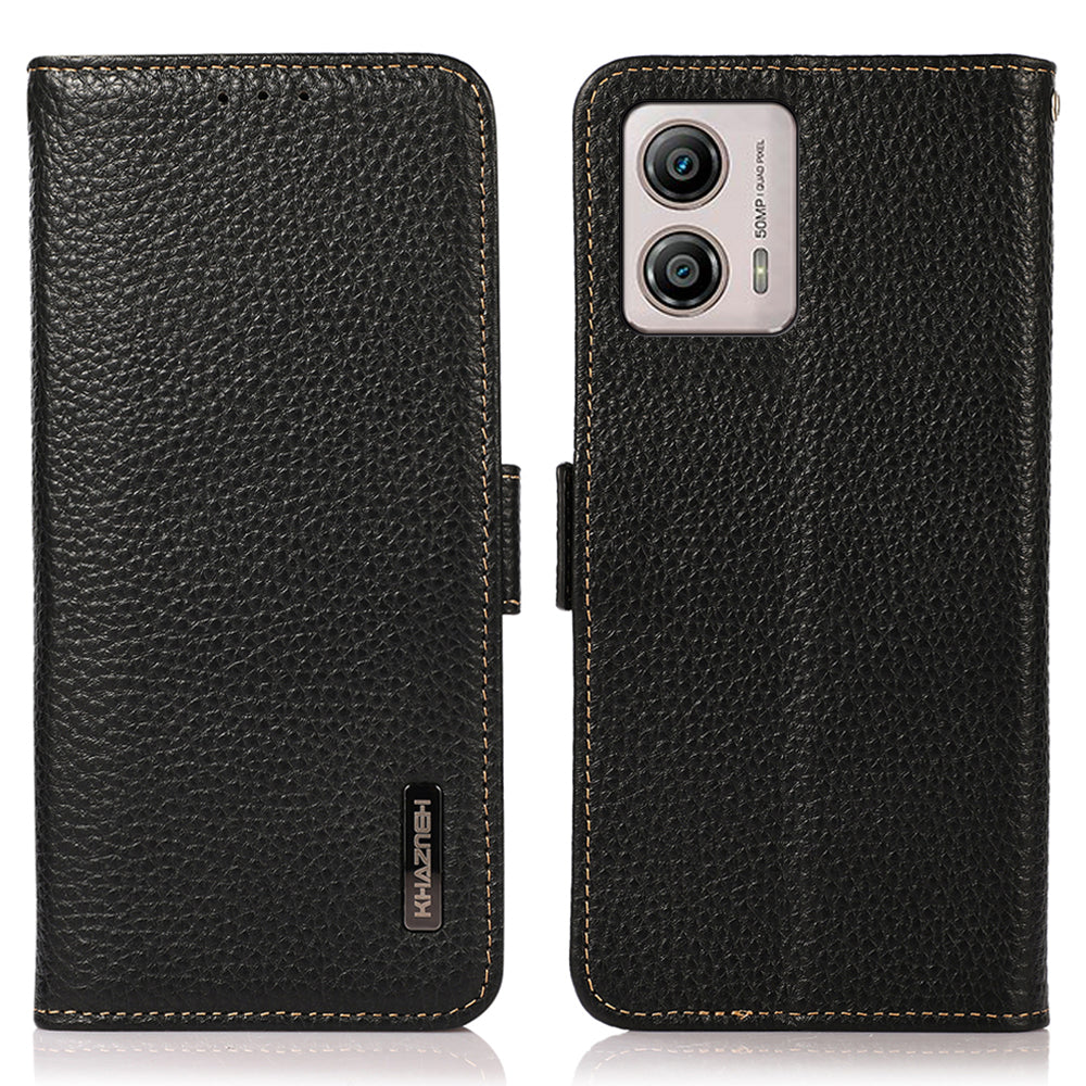 KHAZNEH For Motorola Moto G13 4G G23 4G G53 5G RFID Blocking Phone Case Genuine Cow Leather Wallet Phone Stand Cover