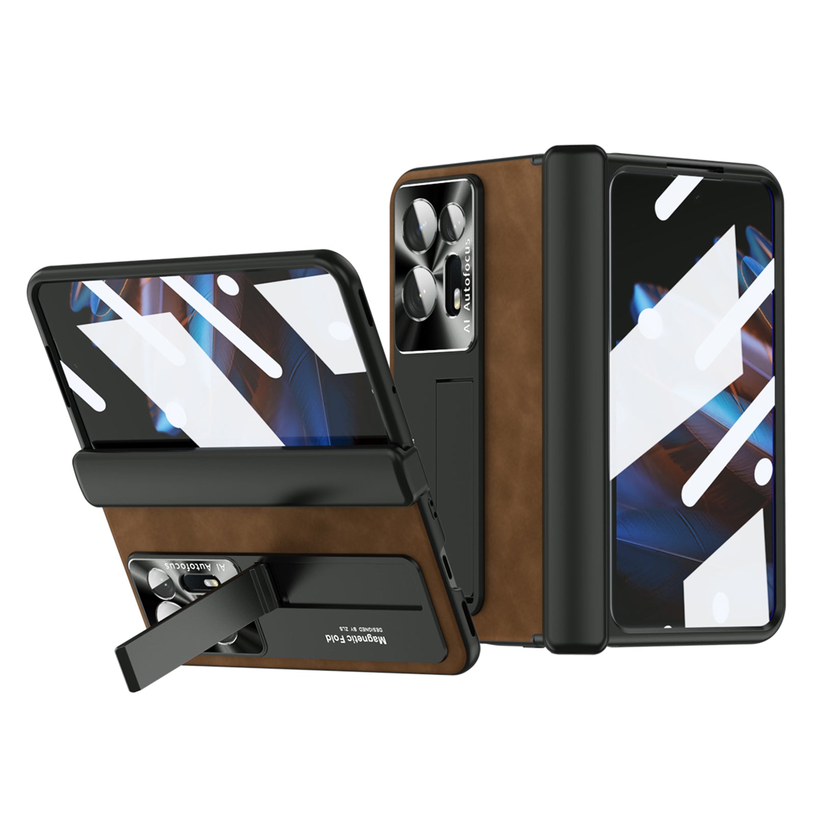 Anti-fall Phone Case For Oppo Find N2 5G Hinge Protection Kickstand Nappa Texture Phone Cover with Tempered Glass Film