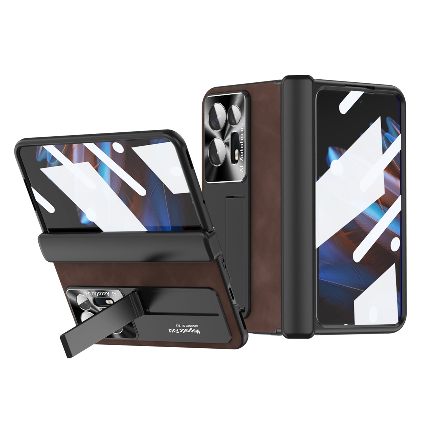 Anti-fall Phone Case For Oppo Find N2 5G Hinge Protection Kickstand Nappa Texture Phone Cover with Tempered Glass Film