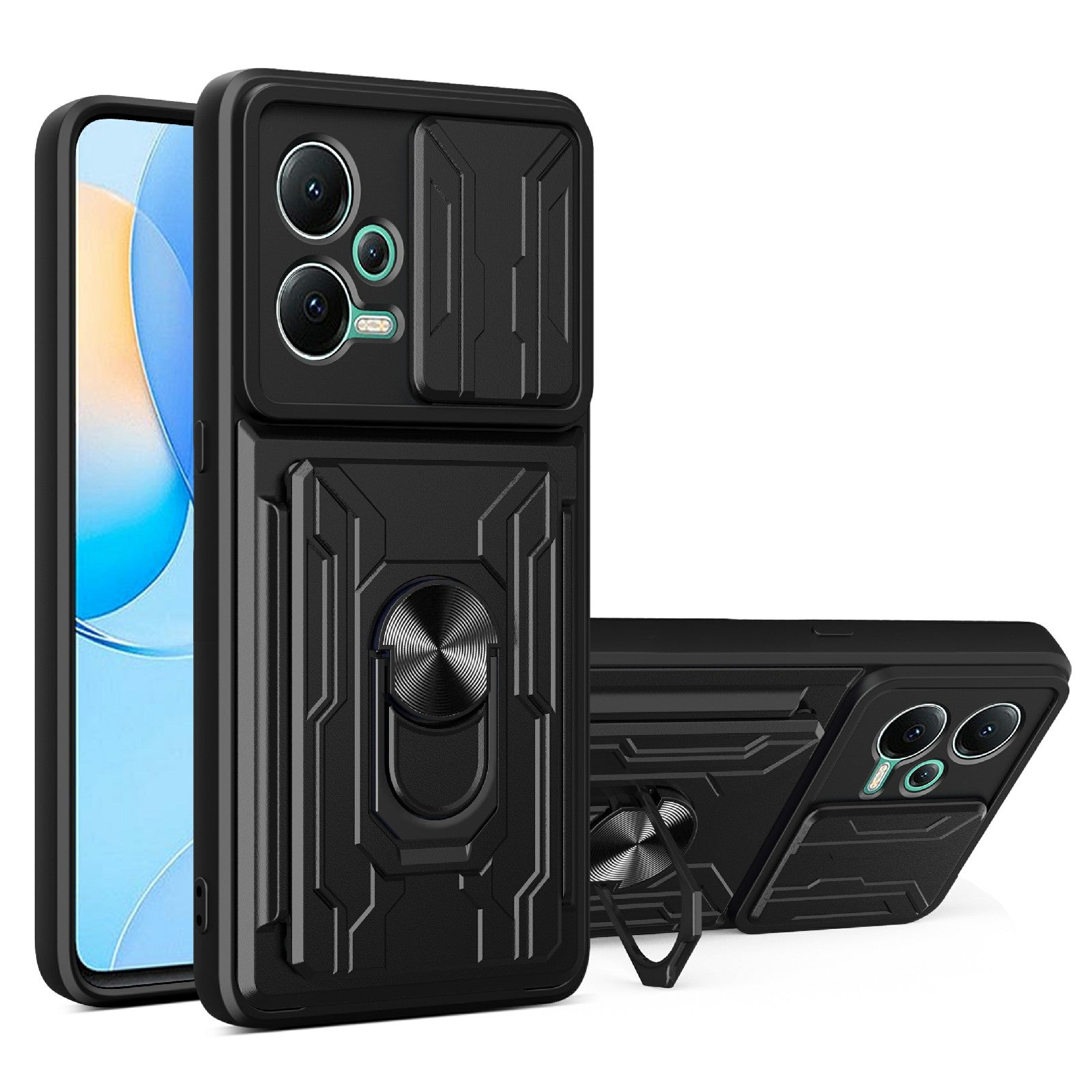 Slide Camera Protect Phone Case For Xiaomi Redmi Note 12 5G (India) Poco X5 5G Kickstand PC TPU Back Cover with Card Holder