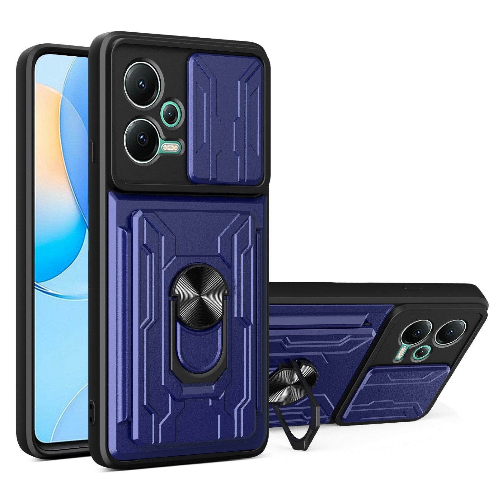 Slide Camera Protect Phone Case For Xiaomi Redmi Note 12 5G (India) Poco X5 5G Kickstand PC TPU Back Cover with Card Holder