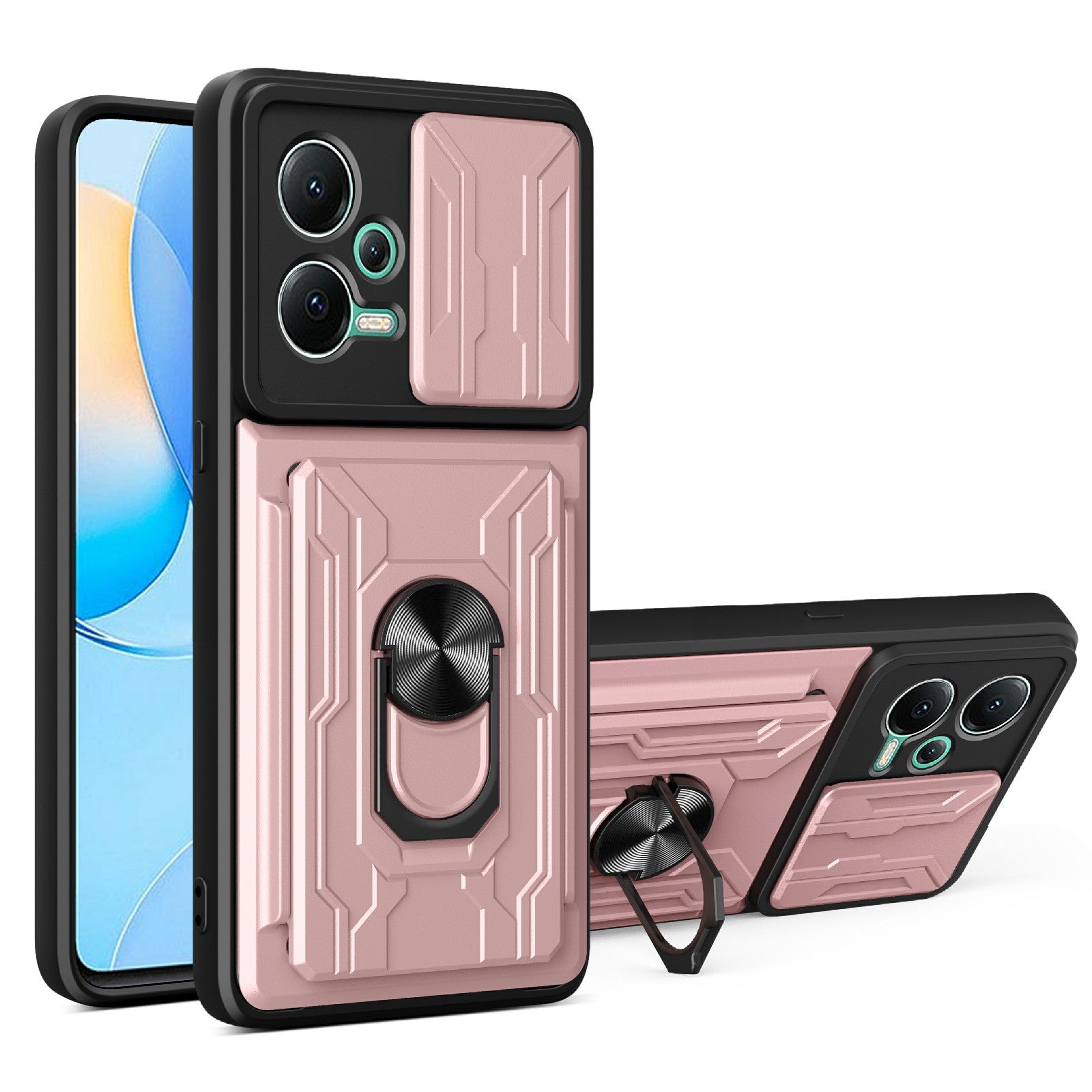Slide Camera Protect Phone Case For Xiaomi Redmi Note 12 5G (India) Poco X5 5G Kickstand PC TPU Back Cover with Card Holder