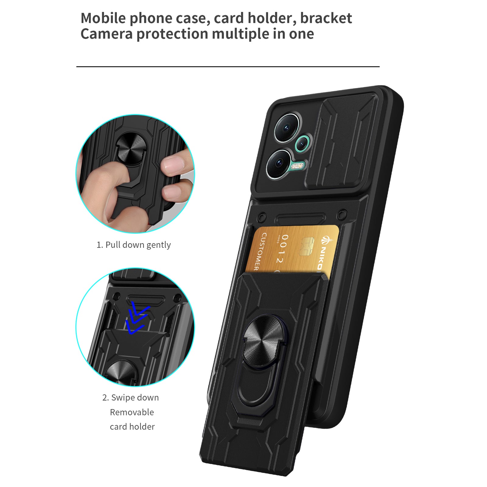 Slide Camera Protect Phone Case For Xiaomi Redmi Note 12 5G (India) Poco X5 5G Kickstand PC TPU Back Cover with Card Holder