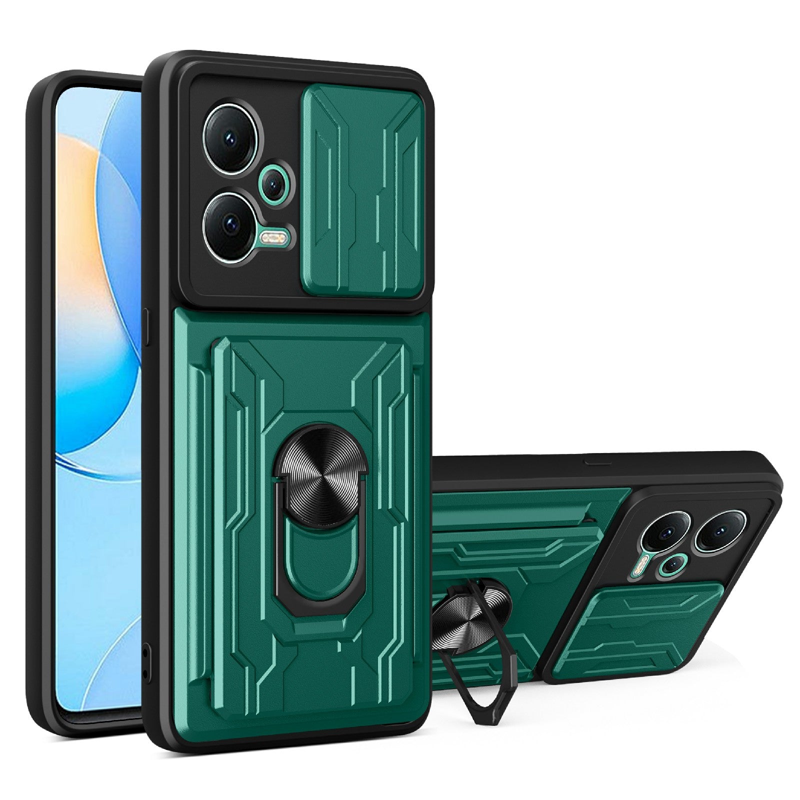 Slide Camera Protect Phone Case For Xiaomi Redmi Note 12 5G (India) Poco X5 5G Kickstand PC TPU Back Cover with Card Holder