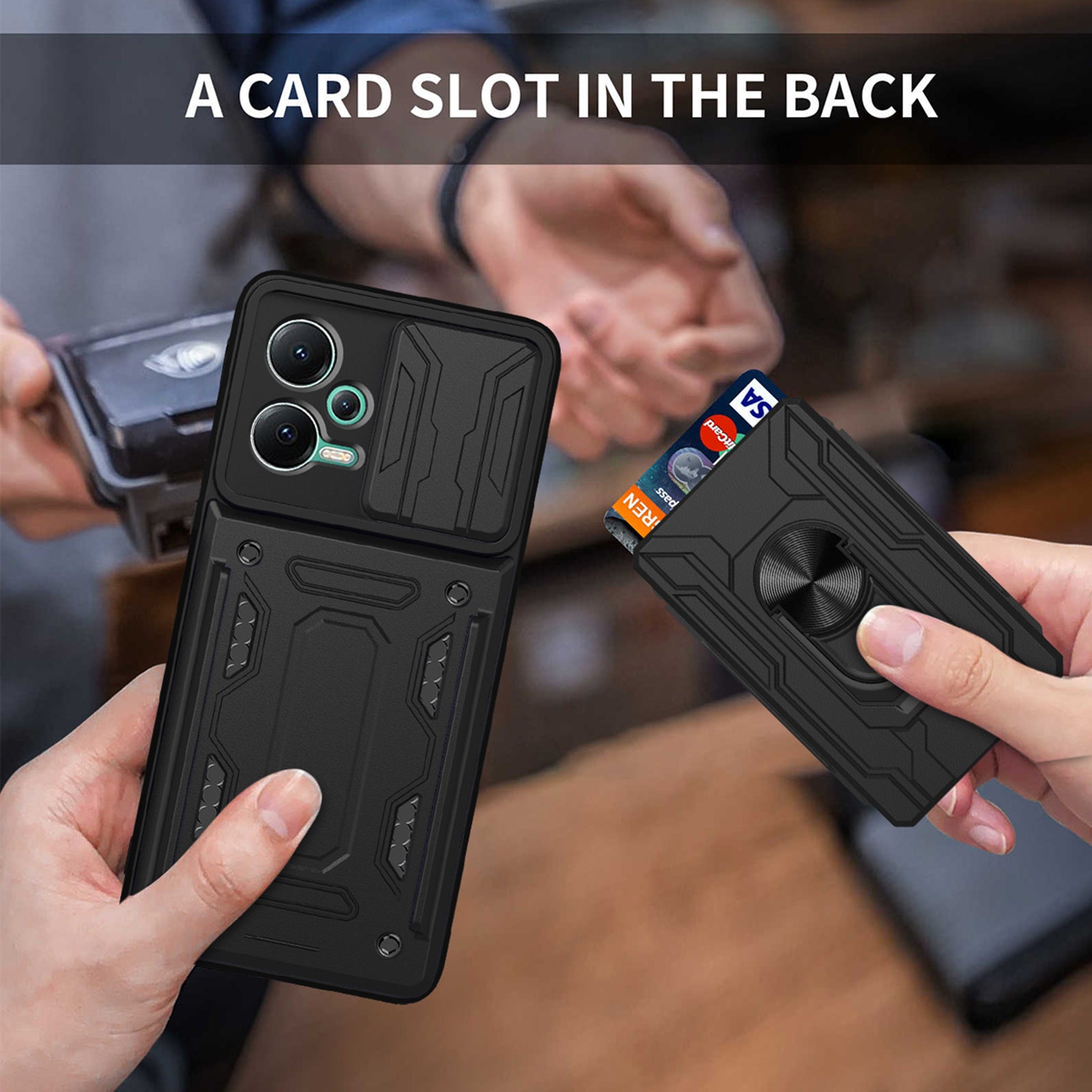 Slide Camera Protect Phone Case For Xiaomi Redmi Note 12 5G (India) Poco X5 5G Kickstand PC TPU Back Cover with Card Holder