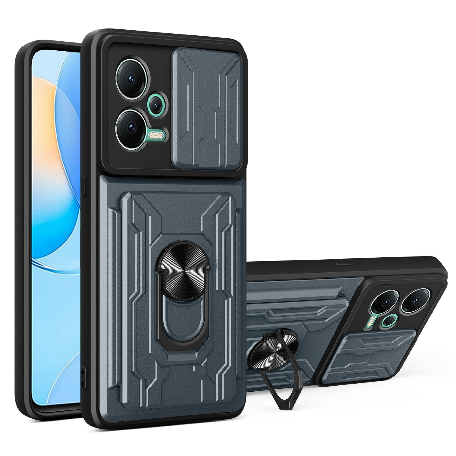 Slide Camera Protect Phone Case For Xiaomi Redmi Note 12 5G (India) Poco X5 5G Kickstand PC TPU Back Cover with Card Holder
