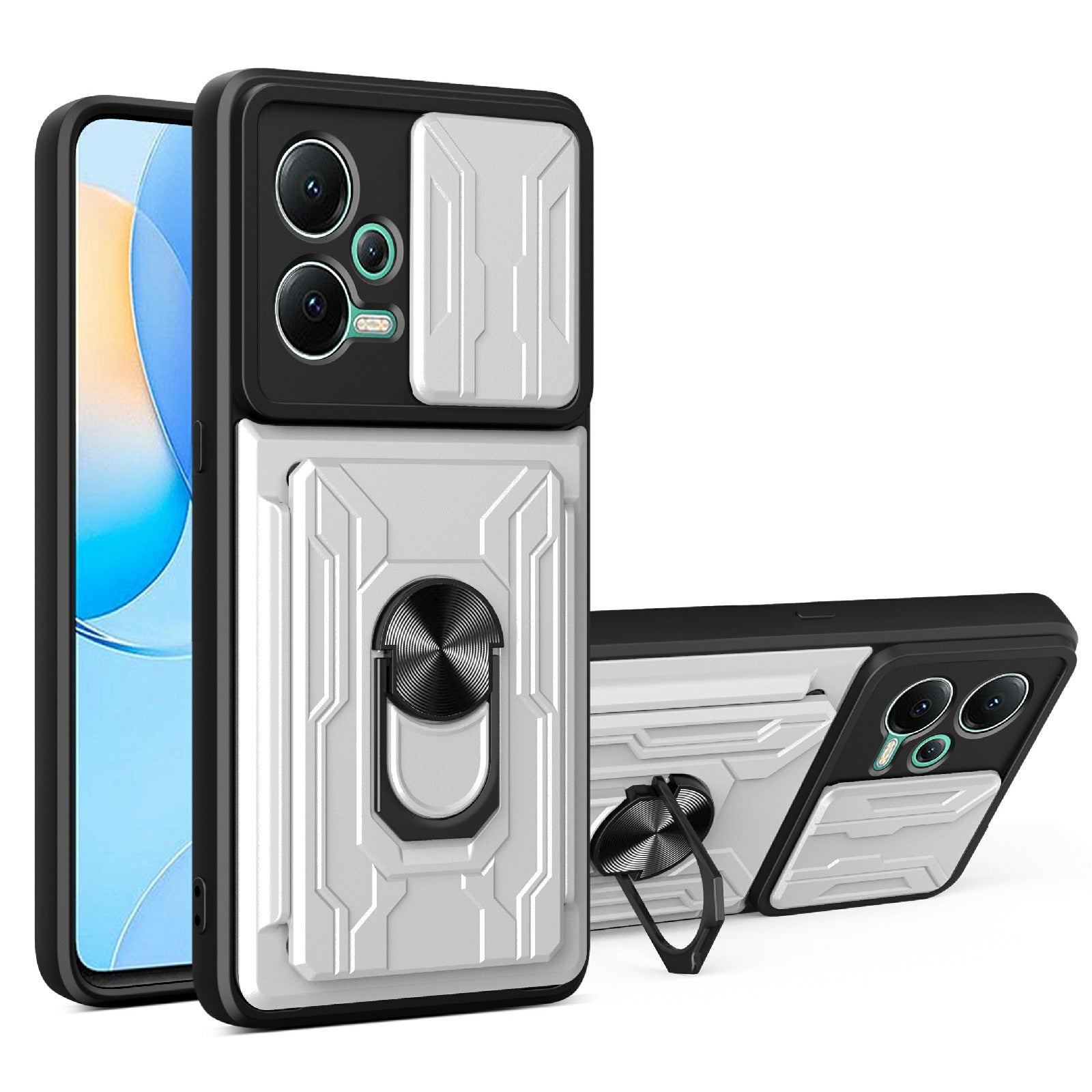 Slide Camera Protect Phone Case For Xiaomi Redmi Note 12 5G (India) Poco X5 5G Kickstand PC TPU Back Cover with Card Holder