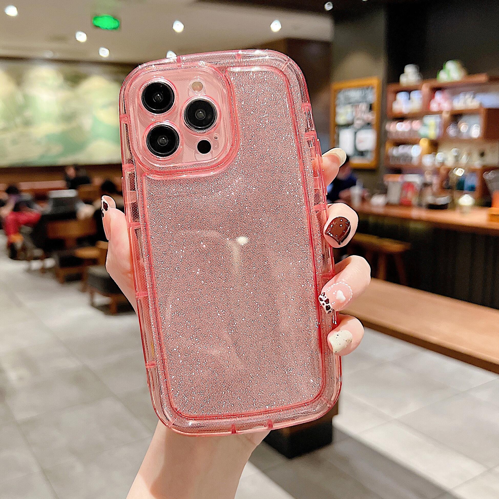 For iPhone 14 Pro Max Shockproof Airbag Transparent TPU Phone Case with Glittery Powder Paper - Brown