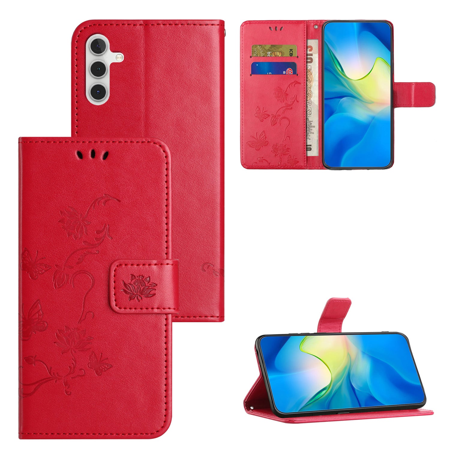 Til Samsung Galaxy A24 4G påtrykt sommerfuglblomst telefonetui PU læder pungholder telefoncover med rem