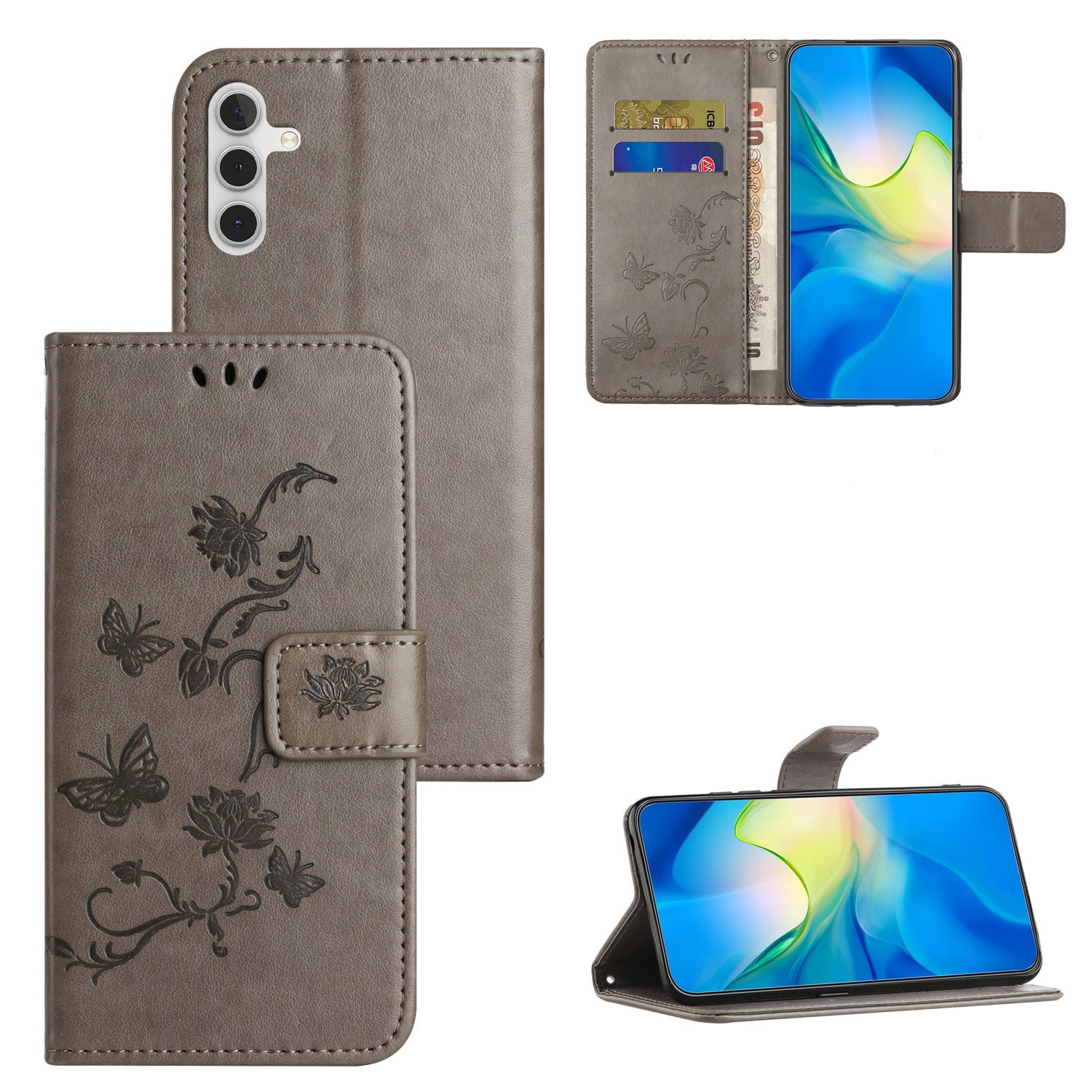 For Samsung Galaxy A24 4G Imprinted Butterfly Flower Phone Case PU Leather Wallet Stand Phone Cover with Strap