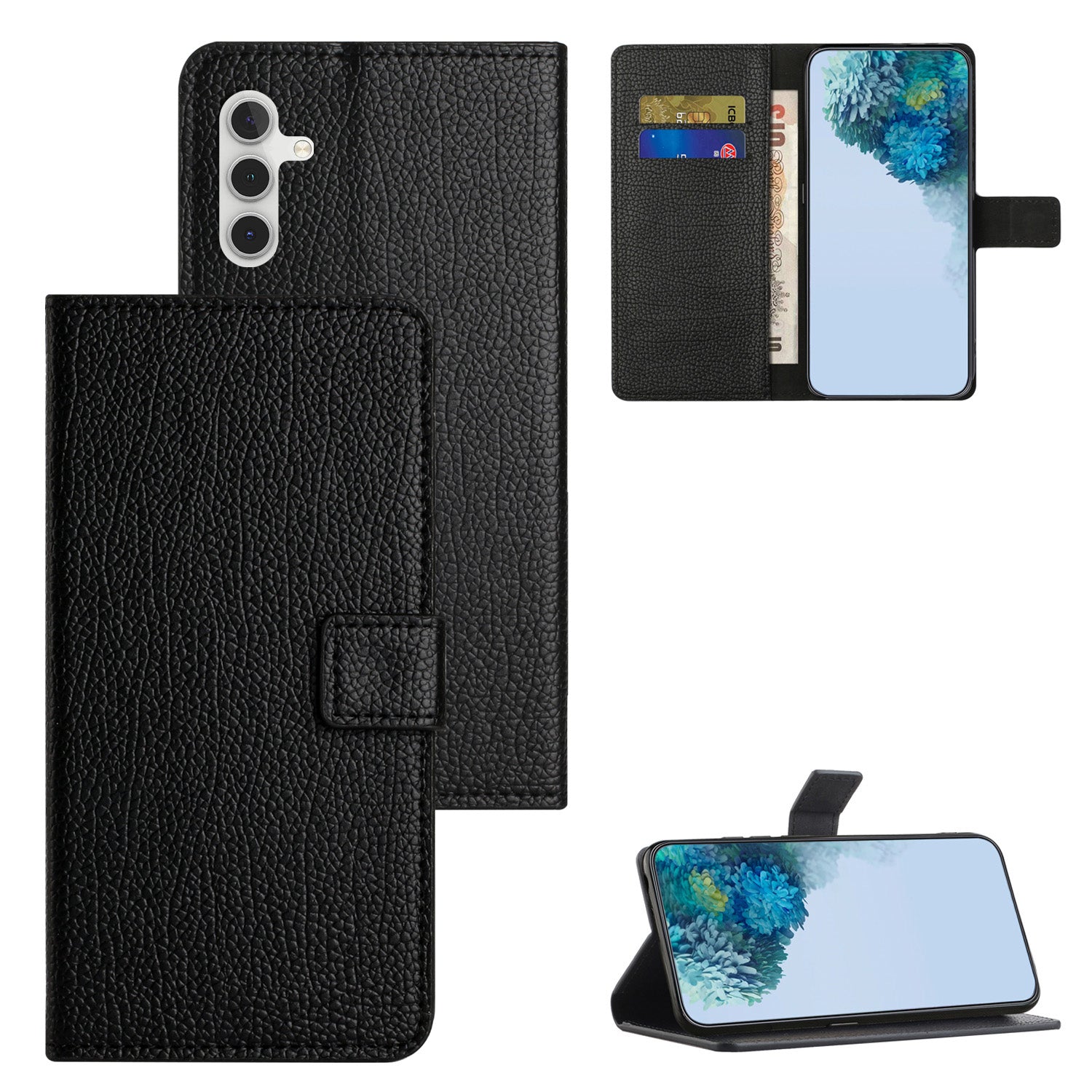 For Samsung Galaxy A24 4G Litchi Texture Phone Case Stand Wallet Leather Phone Cover - Black