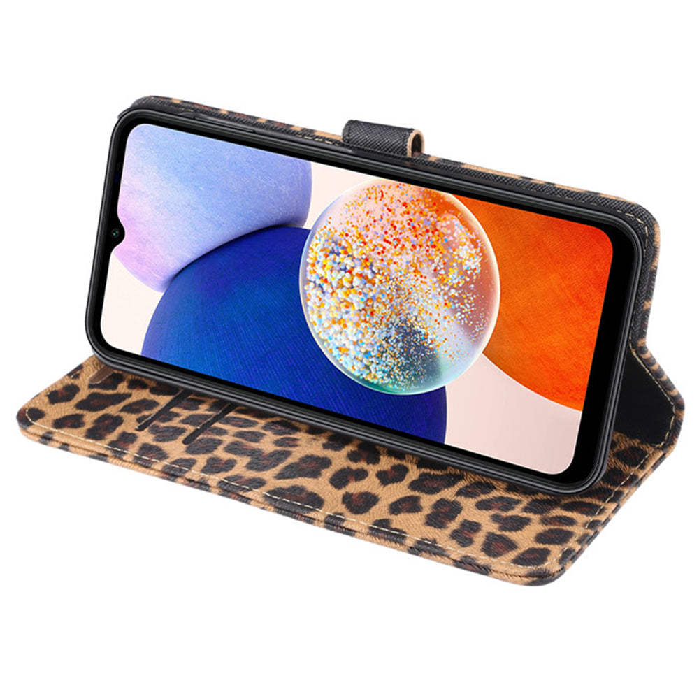 Til Samsung Galaxy A14 4G / 5G Leopardmønster PU-lædertelefontaske Flip Stand Wallet Telefoncover