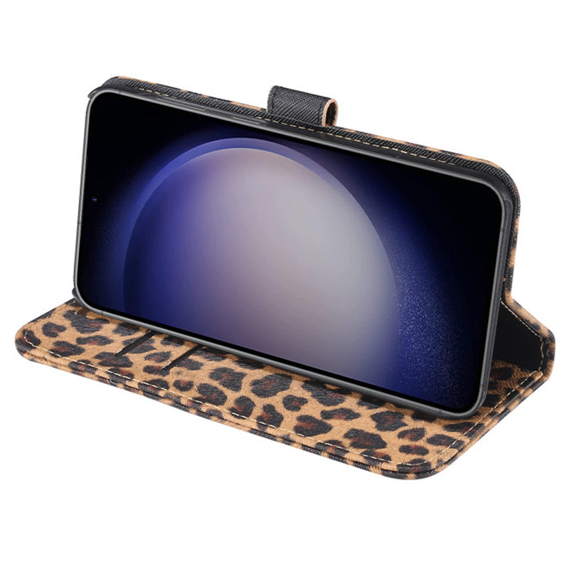 For Samsung Galaxy S23 PU Leather Flip Case Leopard Pattern Stand Wallet Phone Cover