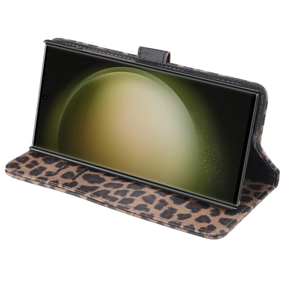 Phone Case for Samsung Galaxy S23 Ultra PU Leather Leopard Pattern Flip Stand Wallet Phone Cover