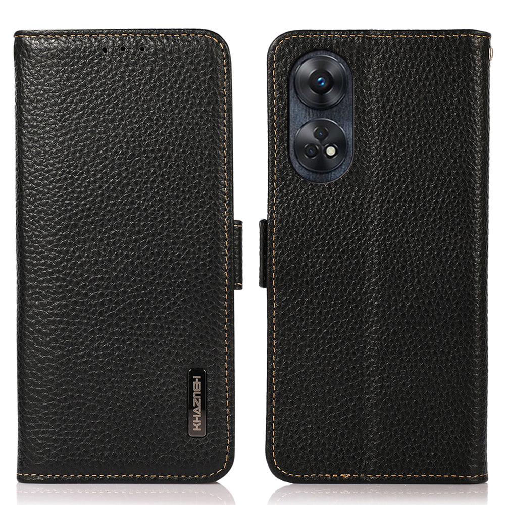 KHAZNEH For Oppo Reno8 T 4G RFID Blocking Protective Phone Case Genuine Leather Phone Cover Stand Wallet