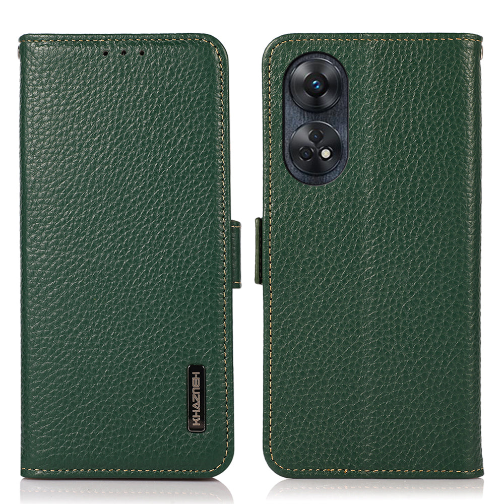 KHAZNEH For Oppo Reno8 T 4G RFID Blocking Protective Phone Case Genuine Leather Phone Cover Stand Wallet