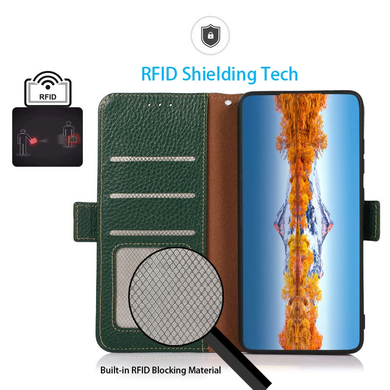 KHAZNEH For Oppo Reno8 T 4G RFID Blocking Protective Phone Case Genuine Leather Phone Cover Stand Wallet