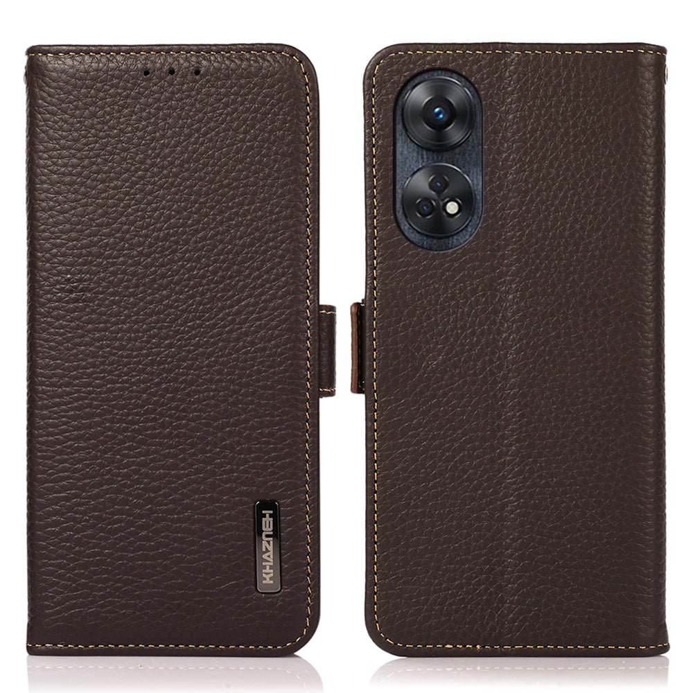 KHAZNEH For Oppo Reno8 T 4G RFID Blocking Protective Phone Case Genuine Leather Phone Cover Stand Wallet