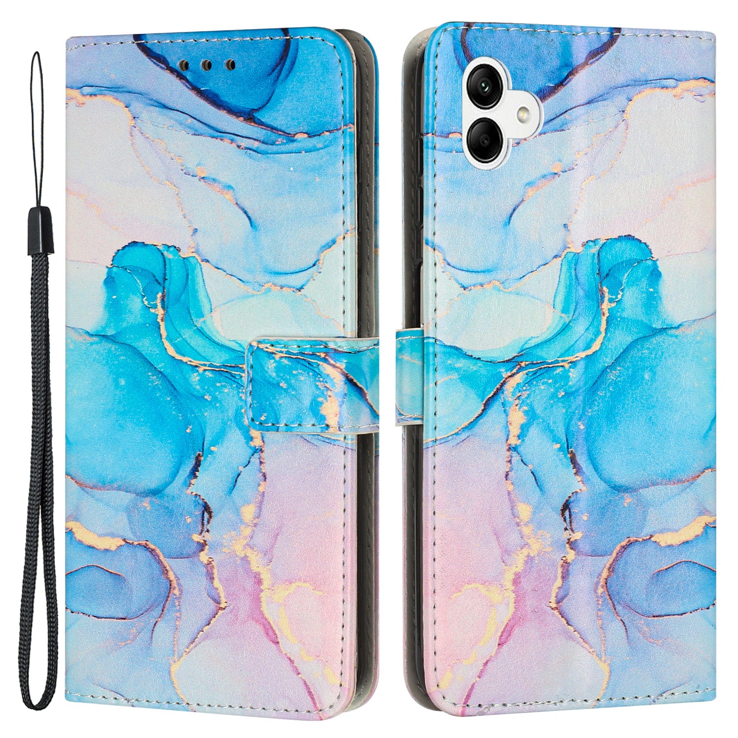 For Samsung Galaxy A04e 4G / F04 4G / M04 4G Phone Stand Case Marble Pattern Printing PU Leather Wallet Phone Cover with Strap