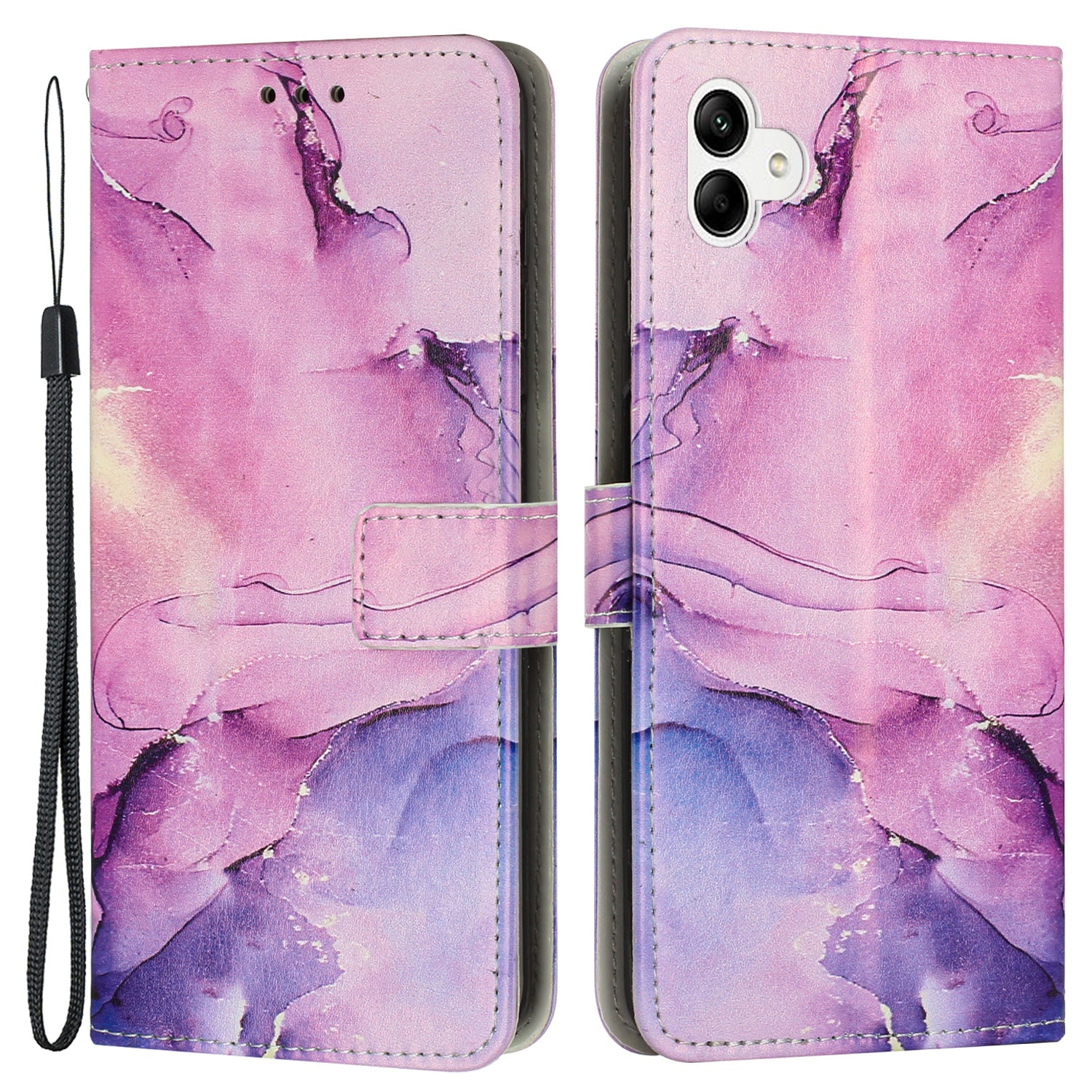 For Samsung Galaxy A04e 4G / F04 4G / M04 4G Phone Stand Case Marble Pattern Printing PU Leather Wallet Phone Cover with Strap