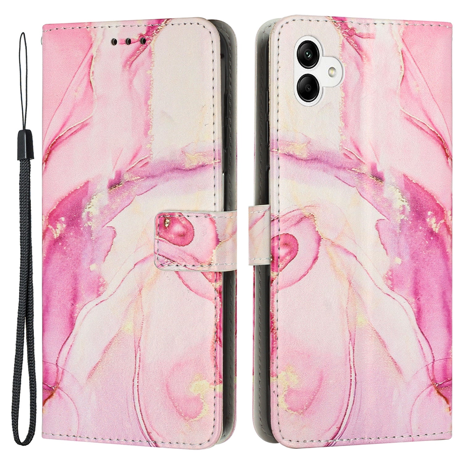 For Samsung Galaxy A04e 4G / F04 4G / M04 4G Phone Stand Case Marble Pattern Printing PU Leather Wallet Phone Cover with Strap