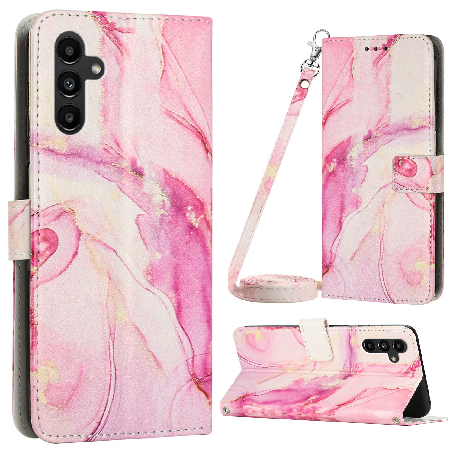 For Samsung Galaxy A34 5G Marble Pattern Phone Cover Stand Wallet Leather Case with Shoulder Strap