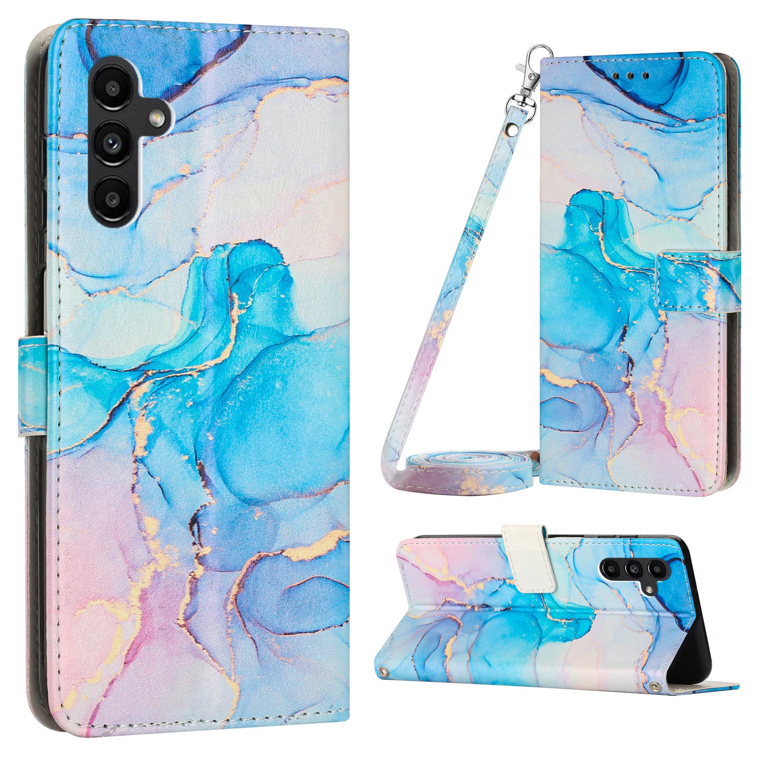 For Samsung Galaxy A34 5G Marble Pattern Phone Cover Stand Wallet Leather Case with Shoulder Strap
