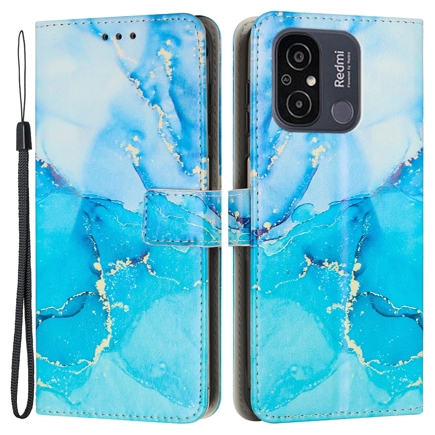 For Xiaomi Redmi 12C 4G 11A 4G Cell Phone Case Stand Wallet Marble Pattern PU Leather Phone Cover with Strap
