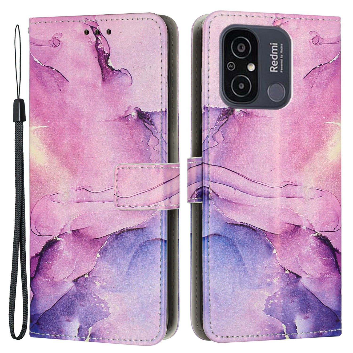For Xiaomi Redmi 12C 4G 11A 4G Cell Phone Case Stand Wallet Marble Pattern PU Leather Phone Cover with Strap