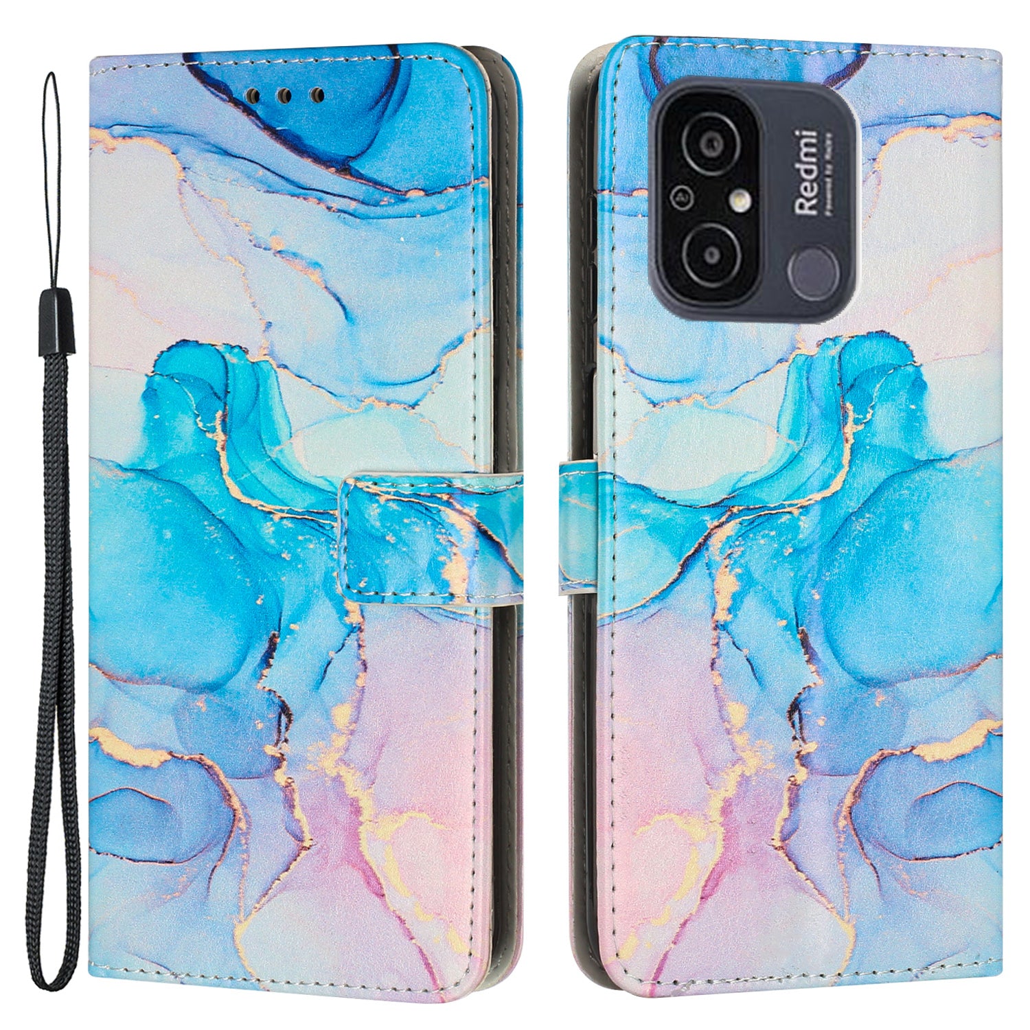 For Xiaomi Redmi 12C 4G 11A 4G Cell Phone Case Stand Wallet Marble Pattern PU Leather Phone Cover with Strap