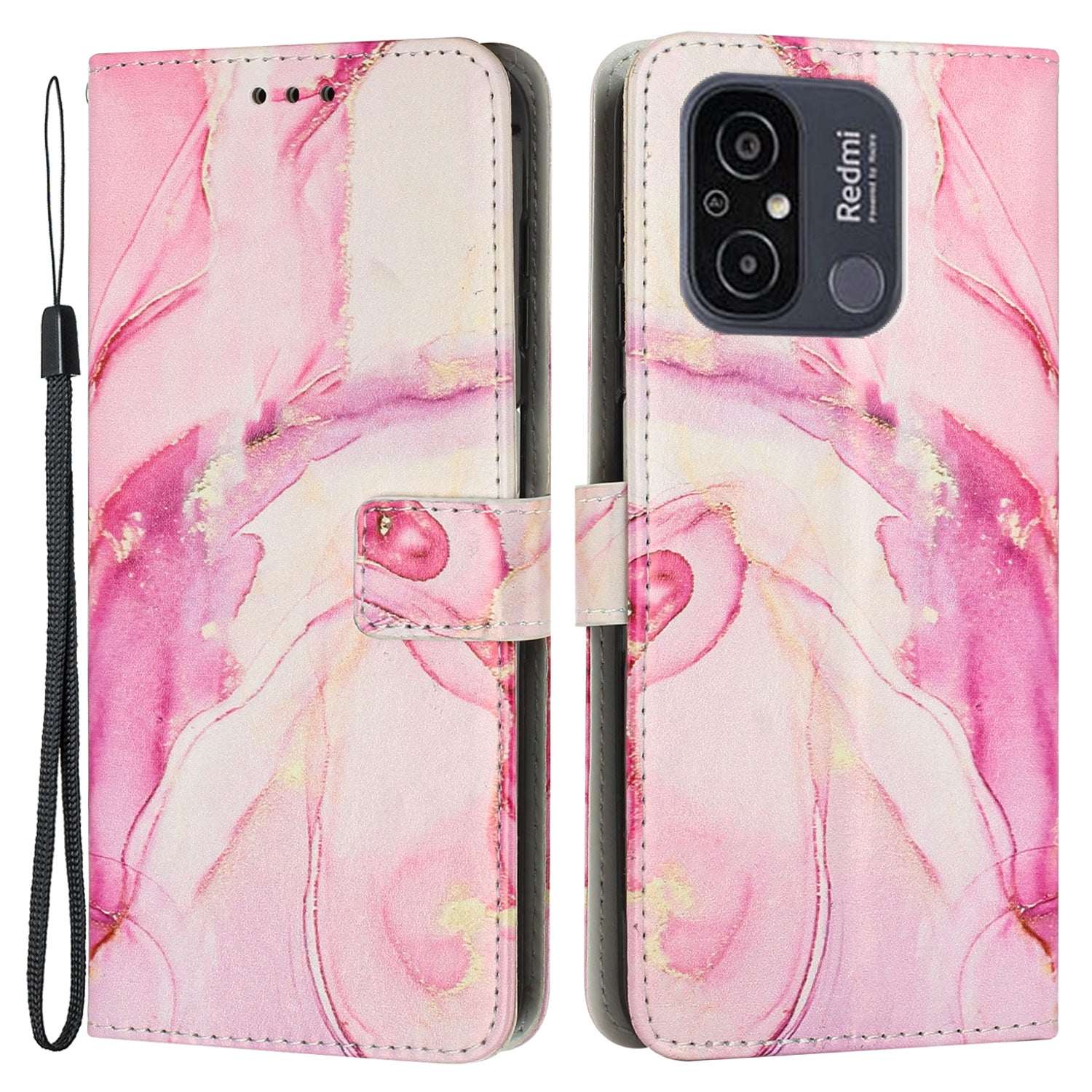 For Xiaomi Redmi 12C 4G 11A 4G Cell Phone Case Stand Wallet Marble Pattern PU Leather Phone Cover with Strap