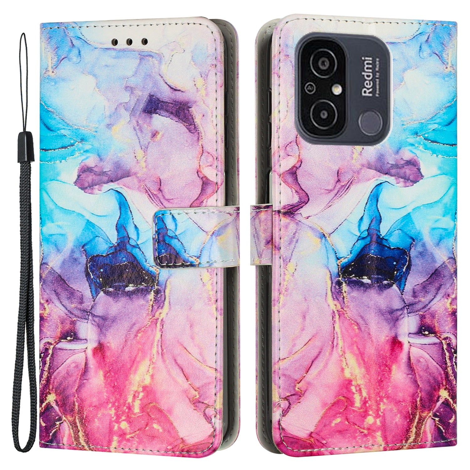 For Xiaomi Redmi 12C 4G 11A 4G Cell Phone Case Stand Wallet Marble Pattern PU Leather Phone Cover with Strap