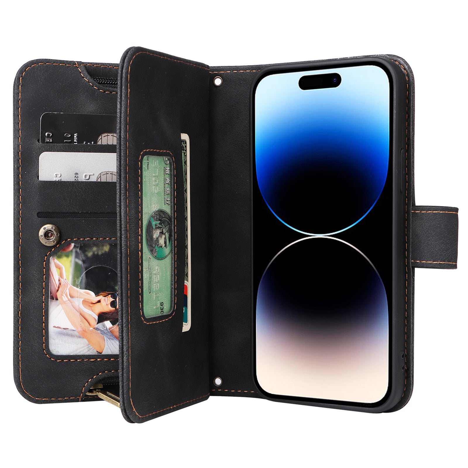Multifunctional Leather Phone Case for iPhone 14 Pro Stand Zipper Pocket Phone Wallet Cover with Straps