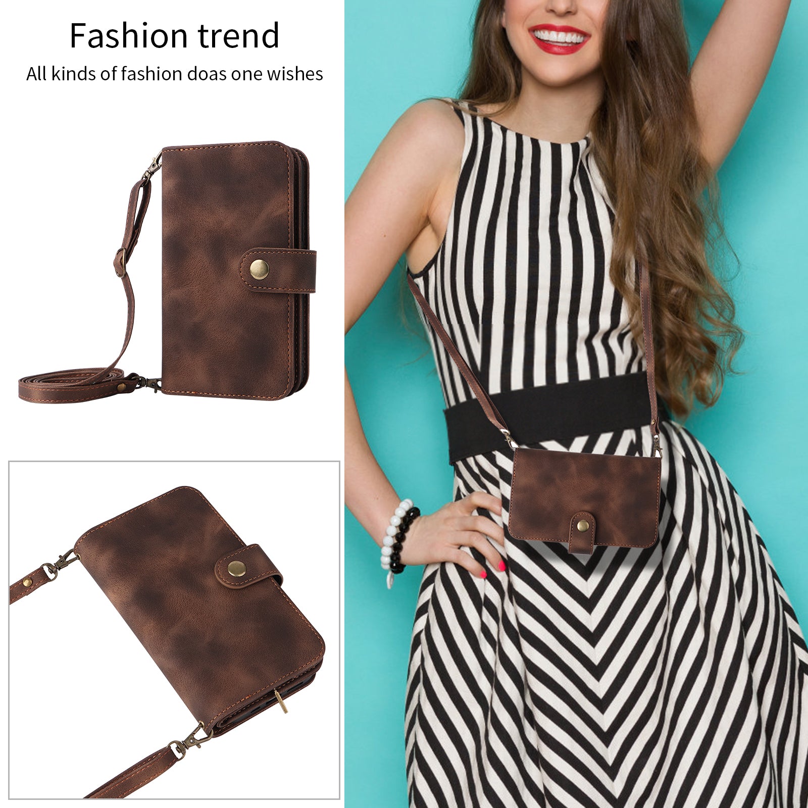 Multifunctional Leather Phone Case for iPhone 14 Pro Stand Zipper Pocket Phone Wallet Cover with Straps