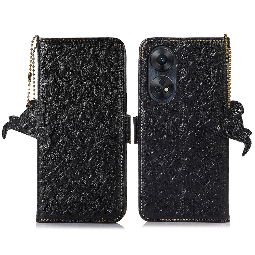 For Oppo Reno8 T 4G RFID Blocking Cowhide Leather Stand Wallet Cover Ostrich Pattern Drop-proof Phone Case