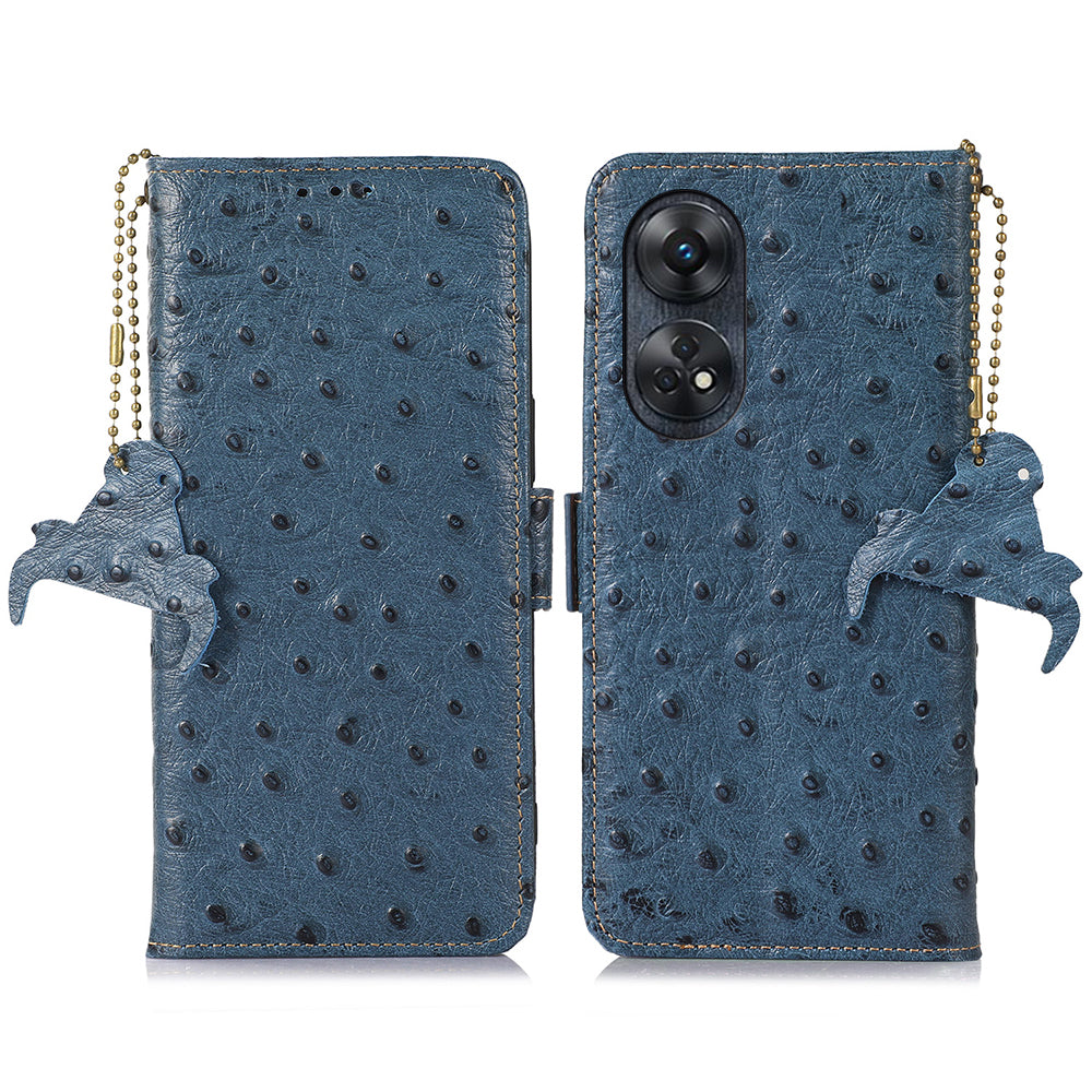 For Oppo Reno8 T 4G RFID Blocking Cowhide Leather Stand Wallet Cover Ostrich Pattern Drop-proof Phone Case