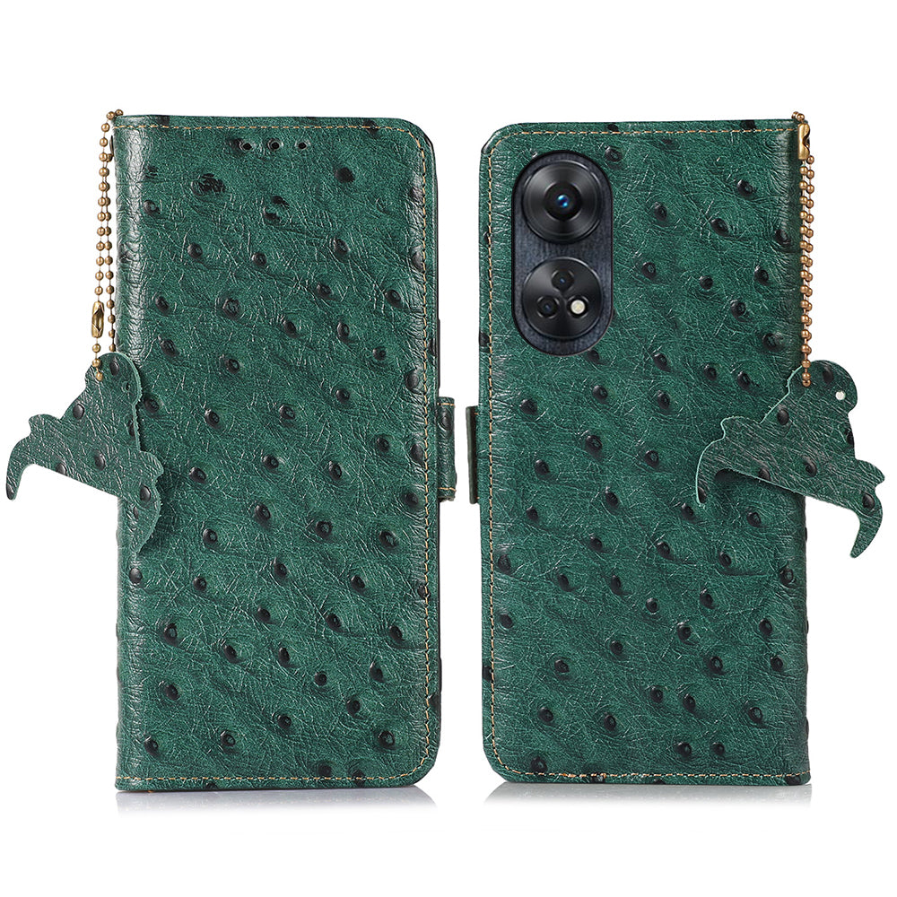 For Oppo Reno8 T 4G RFID Blocking Cowhide Leather Stand Wallet Cover Ostrich Pattern Drop-proof Phone Case