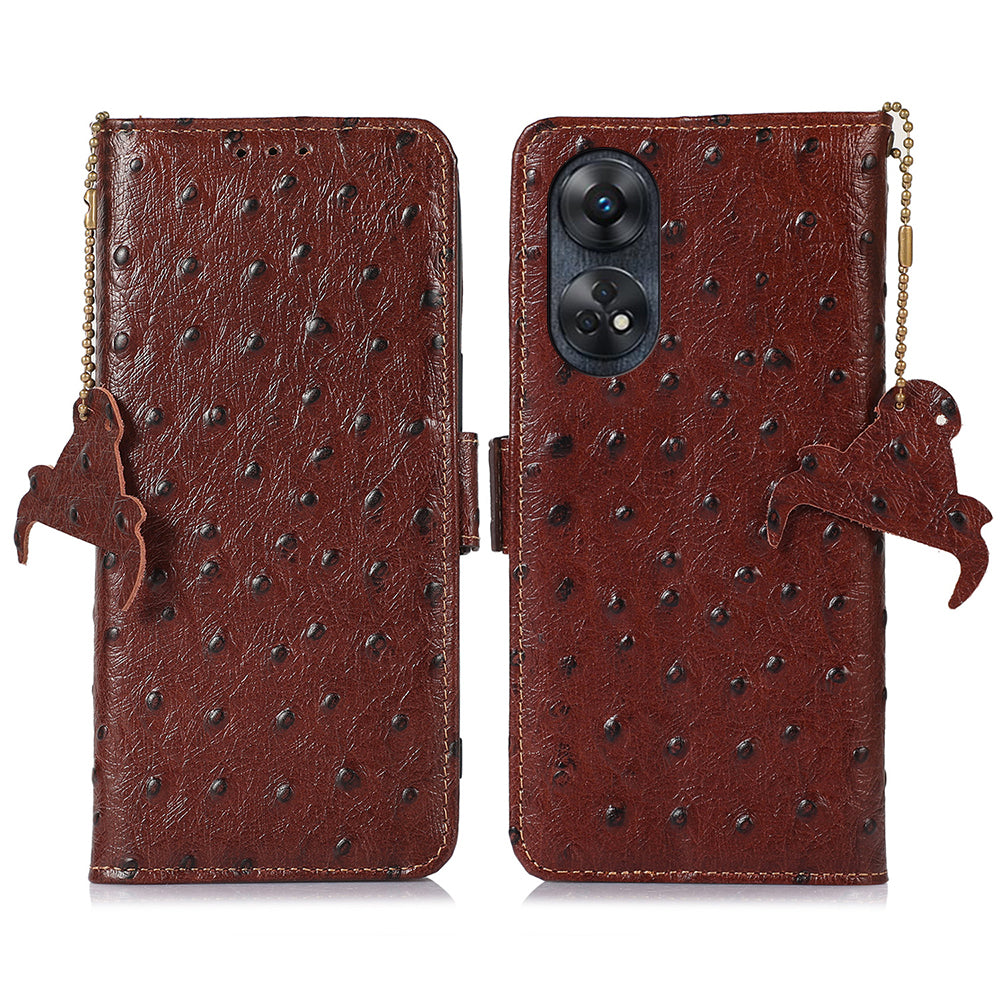 For Oppo Reno8 T 4G RFID Blocking Cowhide Leather Stand Wallet Cover Ostrich Pattern Drop-proof Phone Case