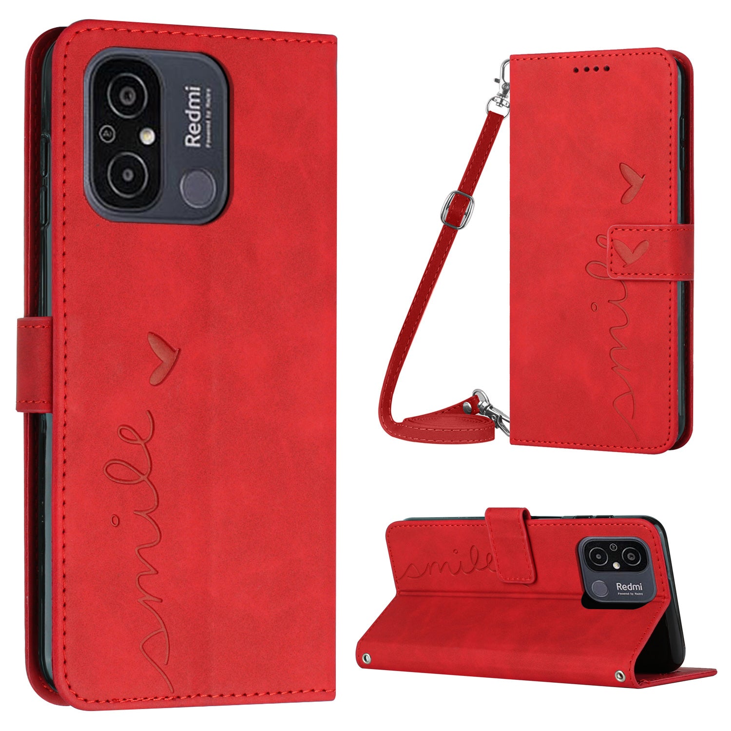 For Xiaomi Redmi 12C 4G 11A 4G Phone Case Imprinted Heart Shape Stand Wallet Leather Phone Cover with Shoulder Strap
